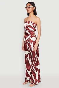 Womens Patterned Satin Strapless Top, Brown, Size L