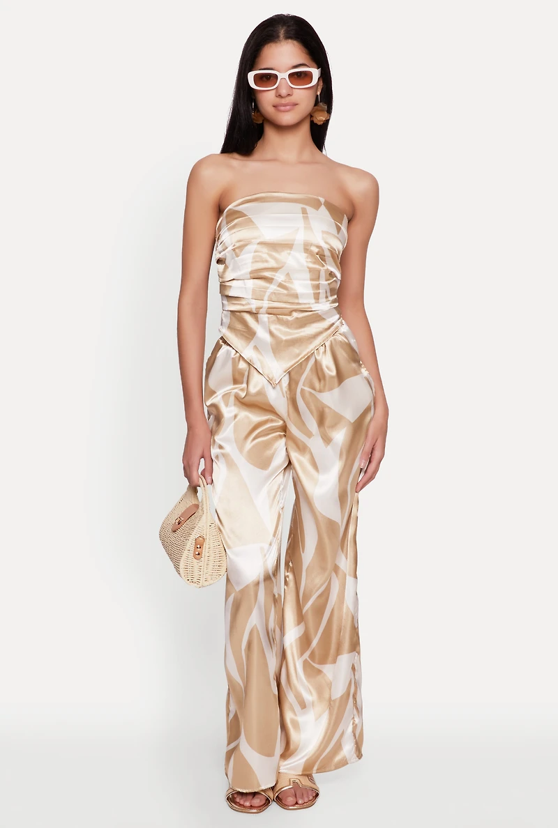Womens Patterned Satin Strapless Top, Beige, Size S