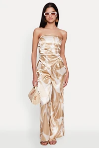 Womens Patterned Satin Strapless Top, Beige, Size S