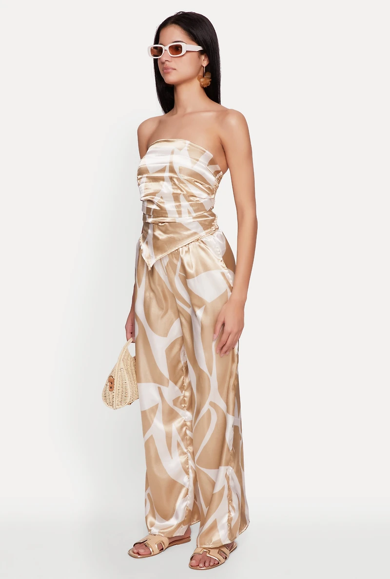 Womens Patterned Satin Strapless Top, Beige, Size S