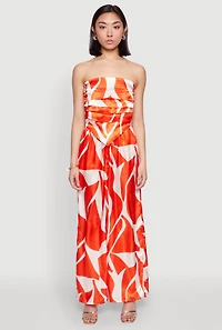 Womens Patterned Satin Strapless Top, Orange, Size L