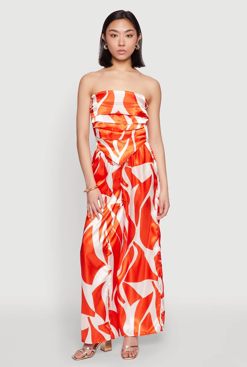Womens Patterned Satin Strapless Top, Orange, Size M