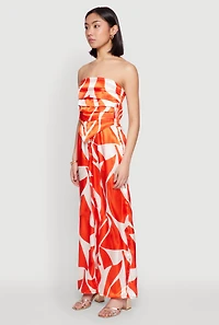 Womens Patterned Satin Strapless Top, Orange, Size L