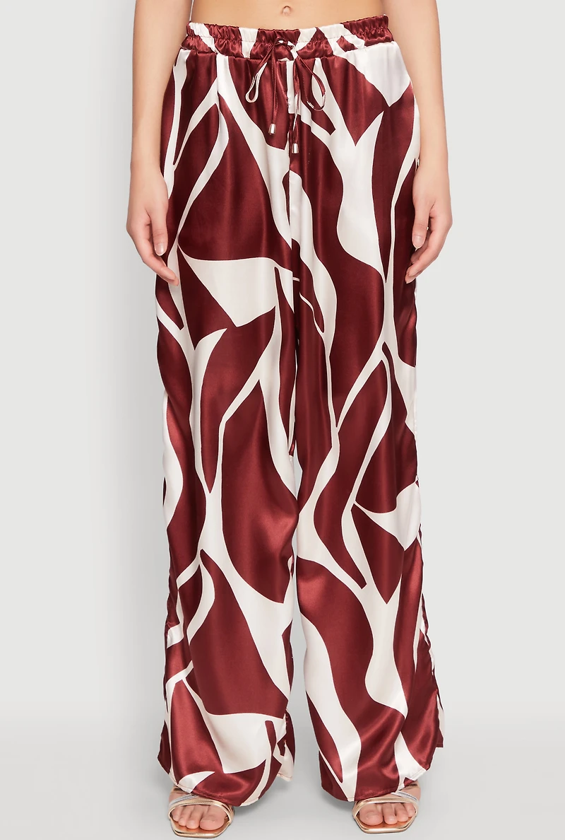 Womens Patterned Satin Palazzo Pants, Brown, Size M