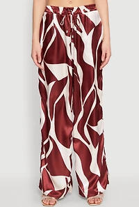 Womens Patterned Satin Palazzo Pants, Brown, Size M