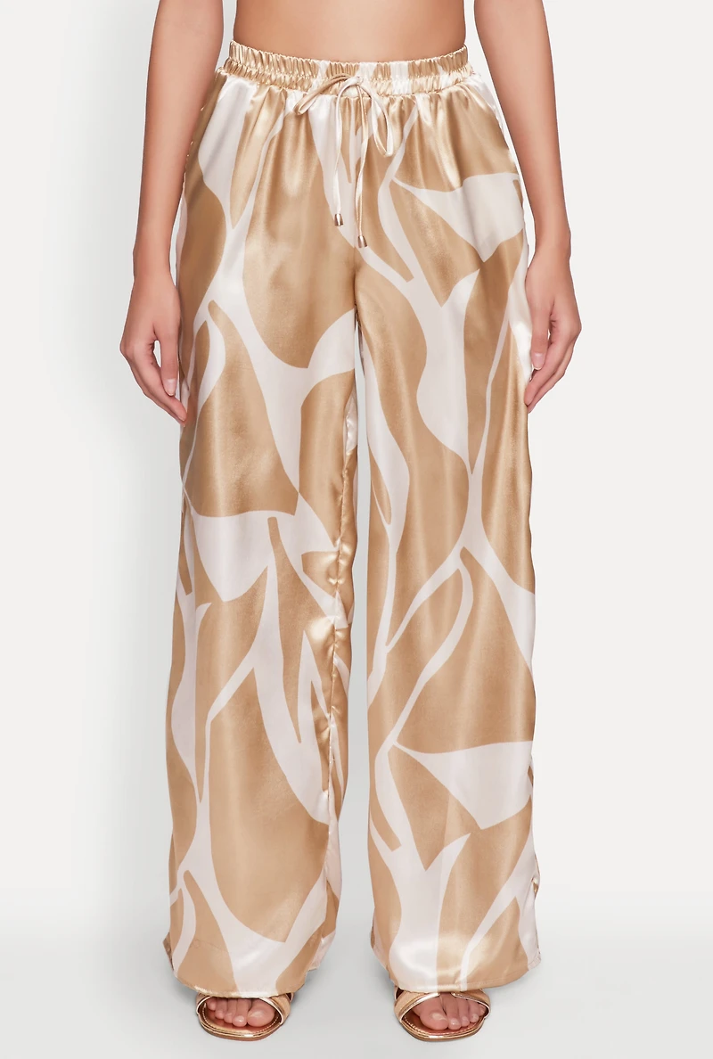 Womens Patterned Satin Palazzo Pants, Khaki,