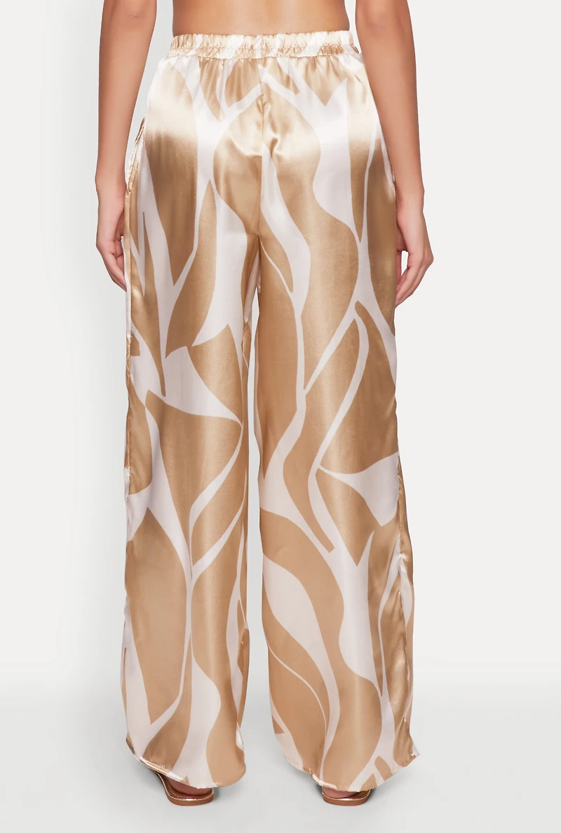 Womens Patterned Satin Palazzo Pants, Khaki,