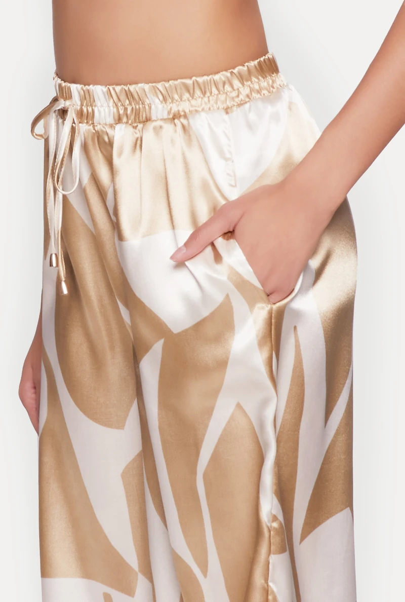 Womens Patterned Satin Palazzo Pants, Khaki,