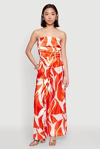 Womens Patterned Satin Palazzo Pants, Orange, Size M