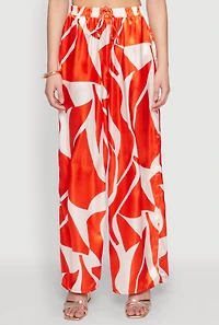 Womens Patterned Satin Palazzo Pants, Orange, Size M