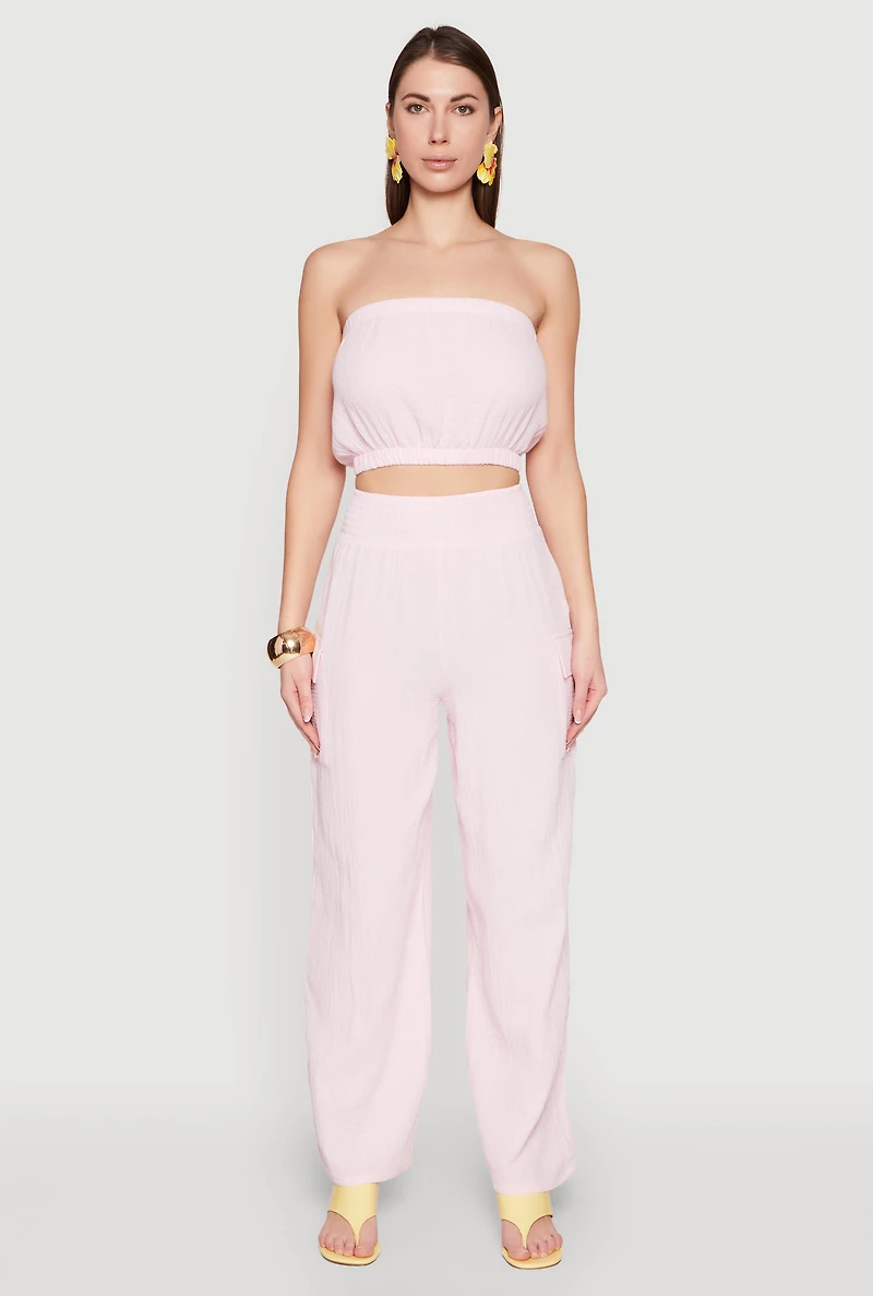 Womens Gauze Knit Cargo Pocket Pants, Pink, Size M