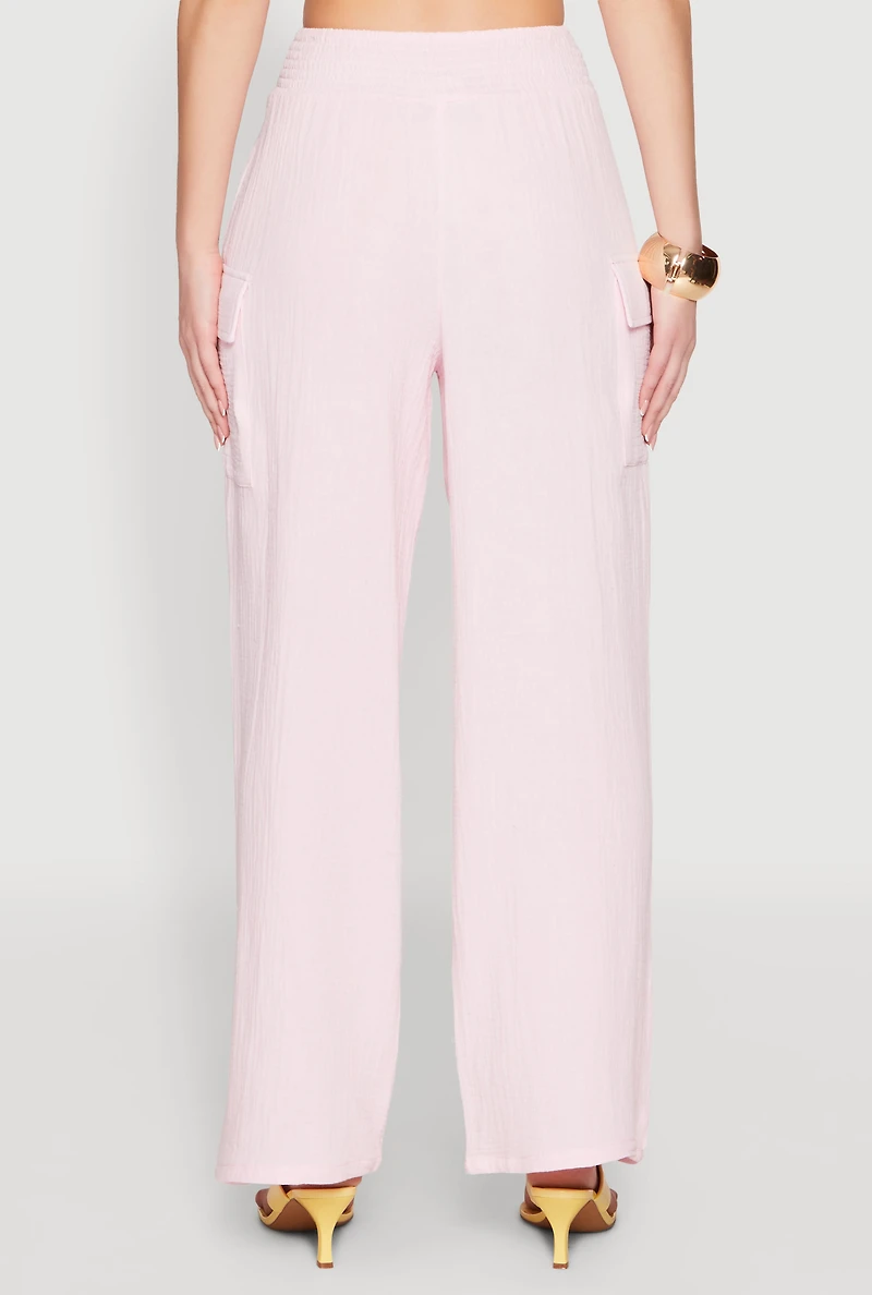 Womens Gauze Knit Cargo Pocket Pants, Pink, Size M