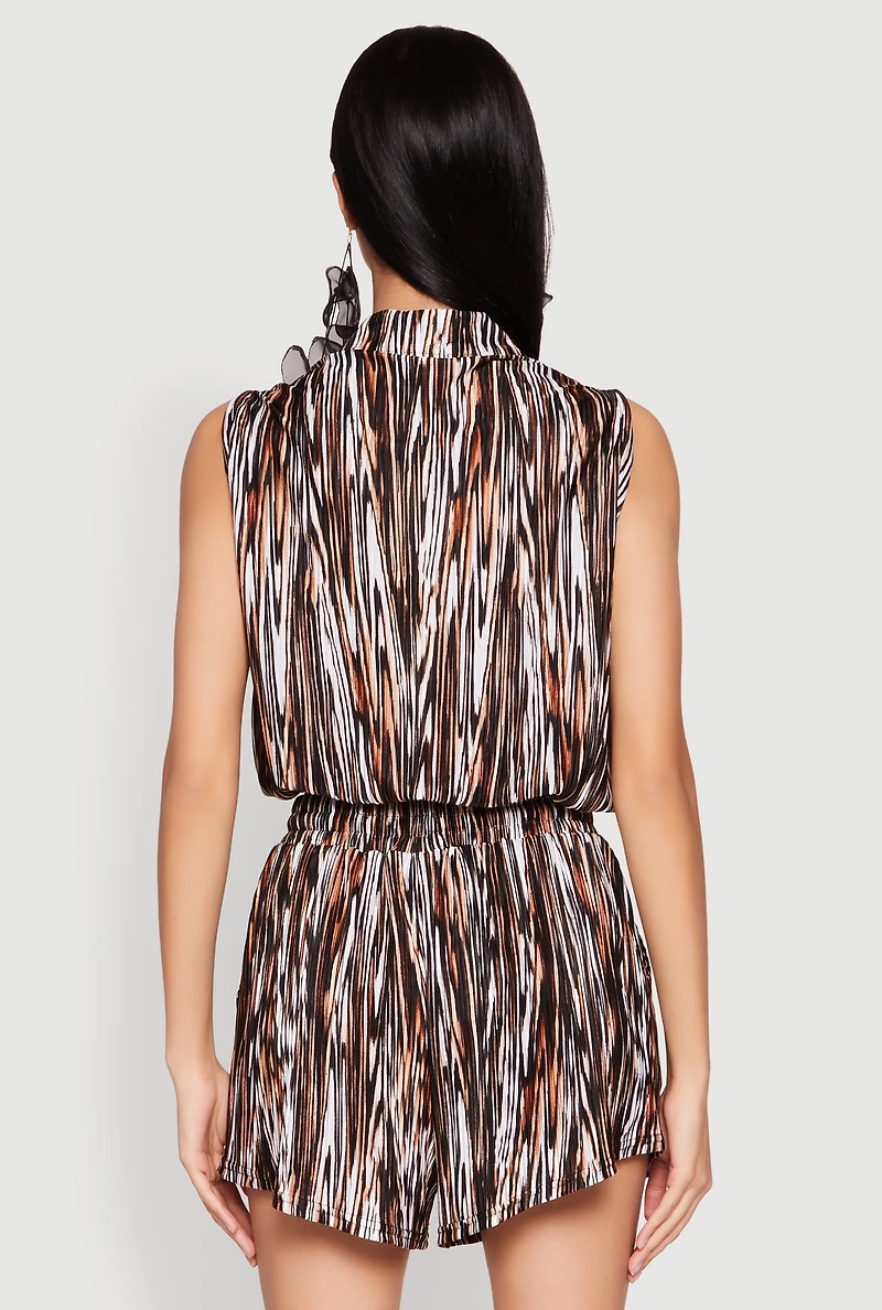 Womens Plisse Printed Pattern Tie Front Shirt,