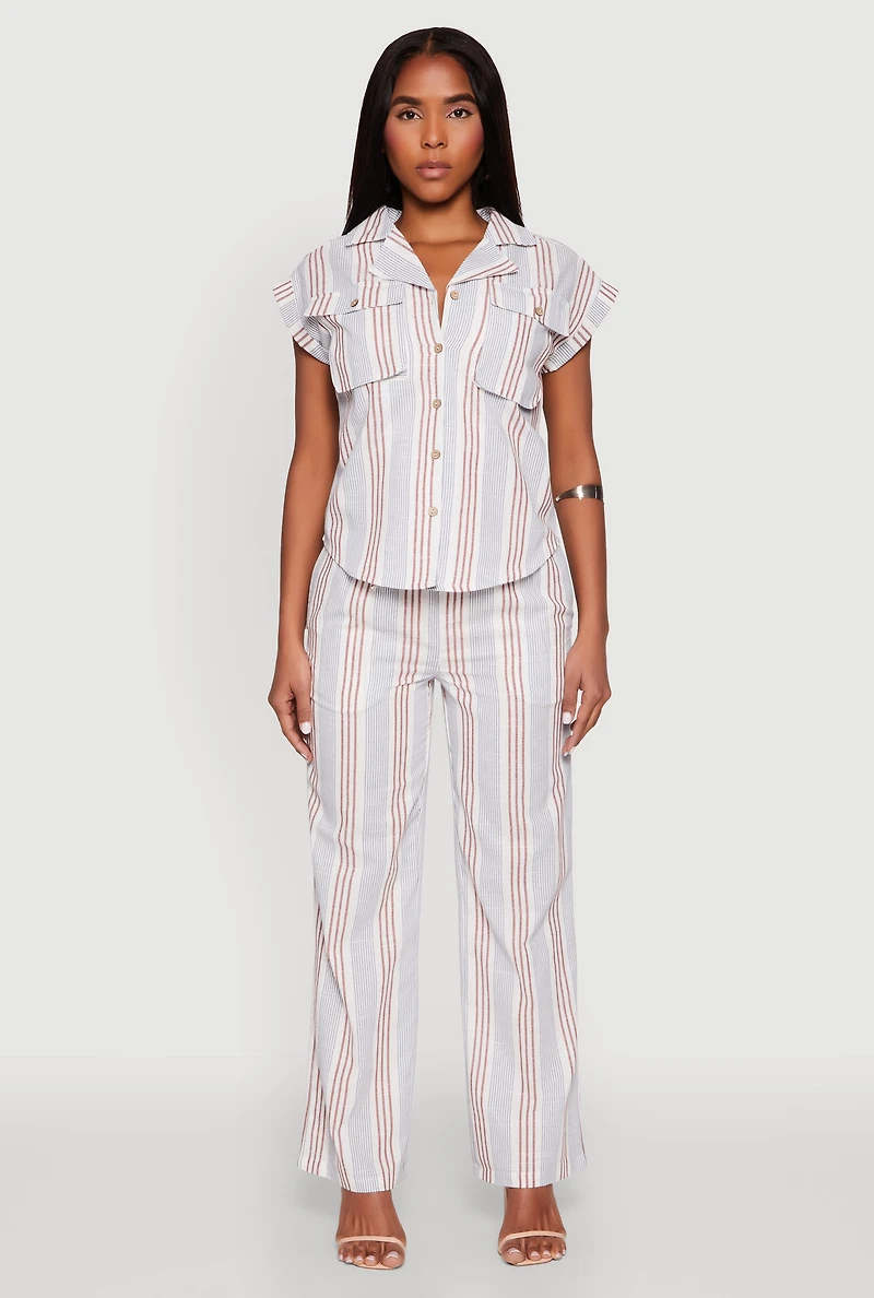 Womens Striped Cap Sleeve Shirt, Multi, Size S