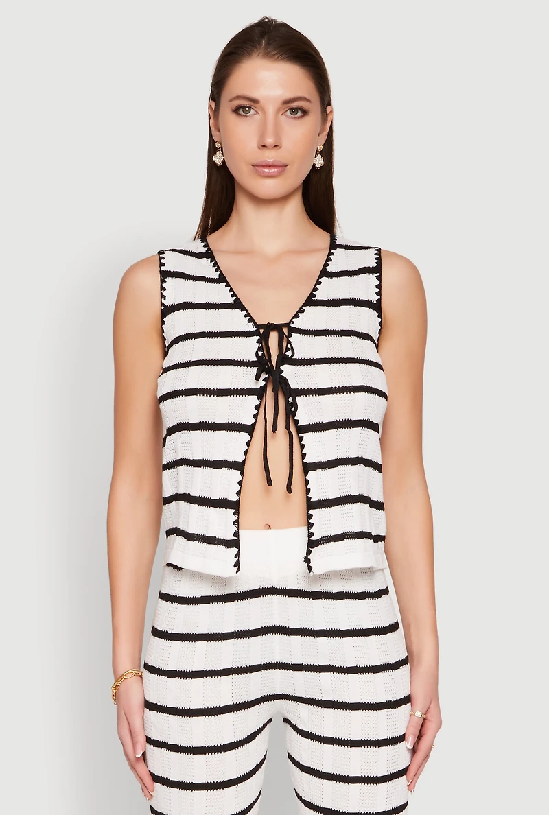 Womens Striped Crochet Knit Tie Front Top, White,