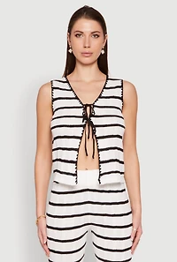 Womens Striped Crochet Knit Tie Front Top, White,