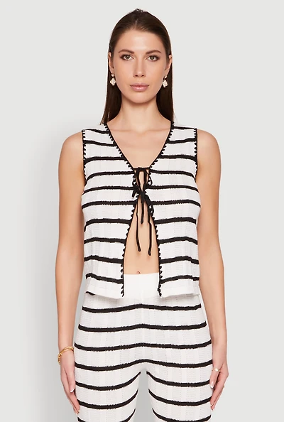 Womens Striped Crochet Knit Tie Front Top, White, Size S