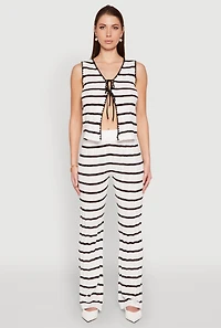 Womens Striped Crochet Knit Tie Front Top, White, Size S