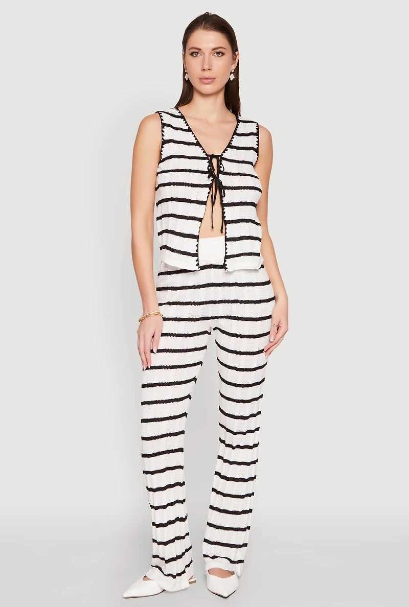 Womens Striped Crochet Knit Tie Front Top, White, Size S