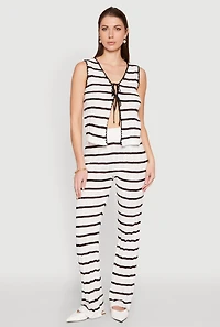 Womens Striped Crochet Knit Tie Front Top, White, Size S