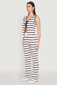 Womens Striped Crochet Knit Tie Front Top, White,