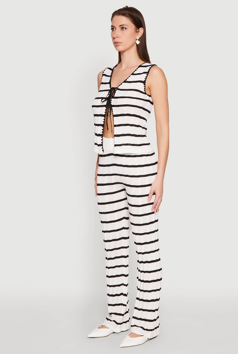 Womens Striped Crochet Knit Tie Front Top, White, Size S
