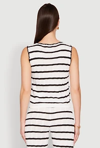 Womens Striped Crochet Knit Tie Front Top, White,