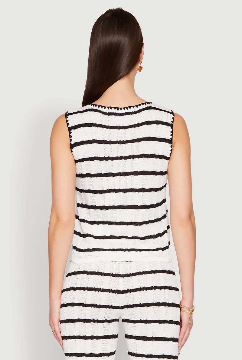 Womens Striped Crochet Knit Tie Front Top, White, Size S