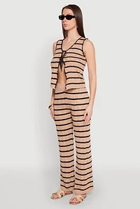 Womens Striped Crochet Knit Tie Front Top, Multi, Size L
