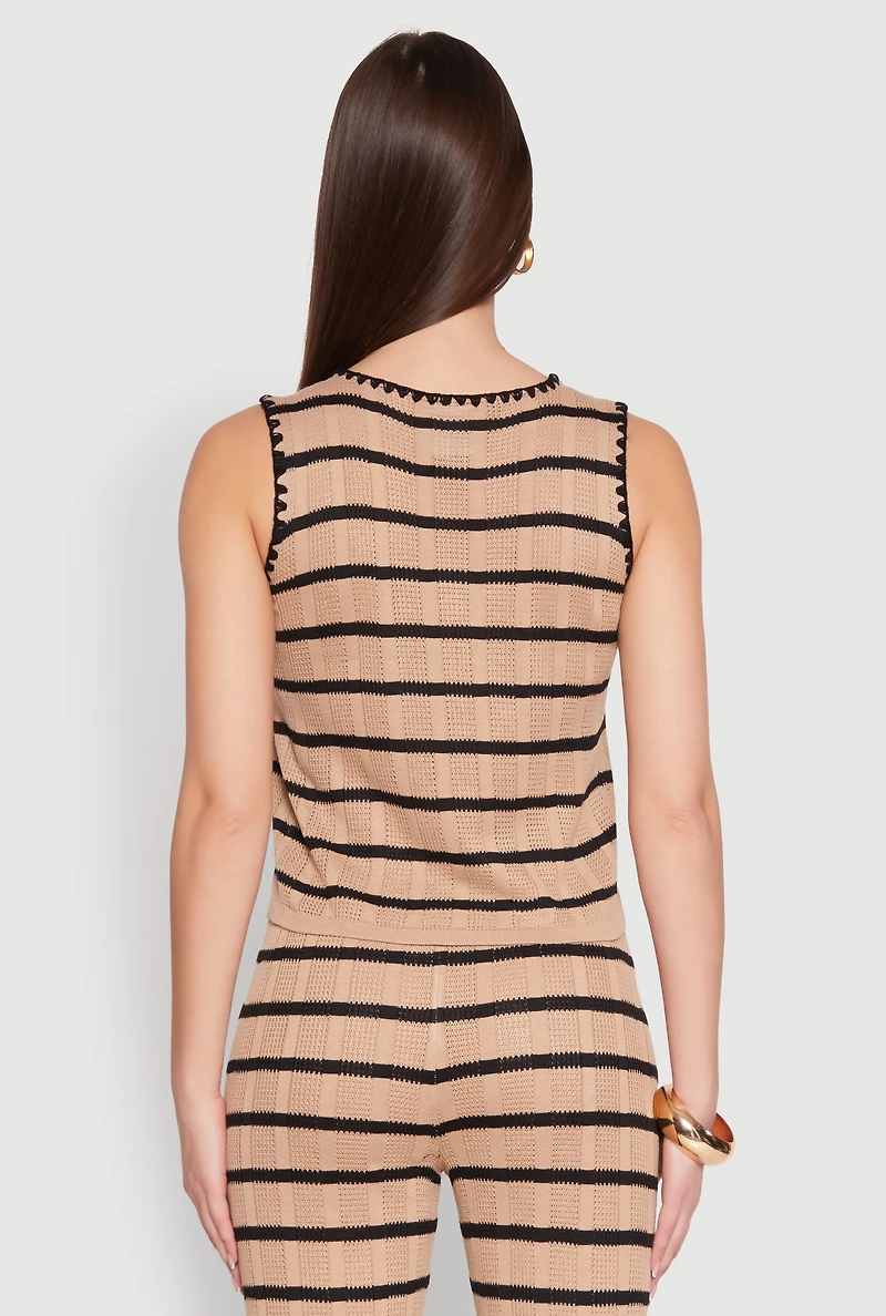 Womens Striped Crochet Knit Tie Front Top, Multi, Size L