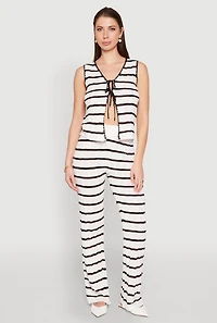 Womens High Waisted Striped Crochet Pants, White, Size M