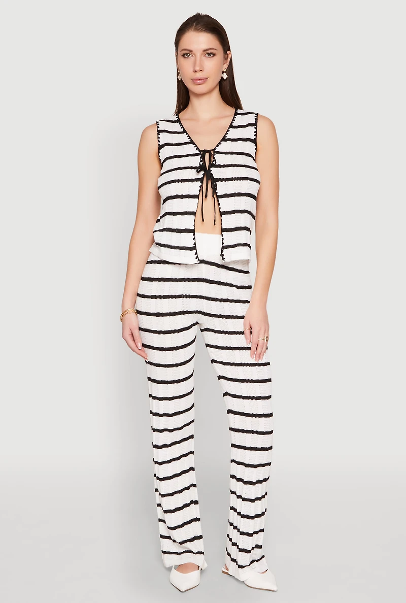 Womens High Waisted Striped Crochet Pants, White, Size XL