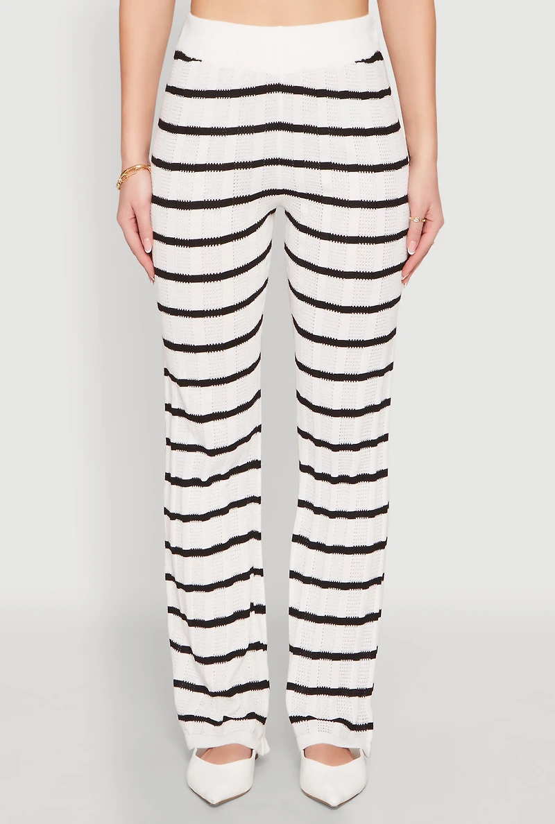Womens High Waisted Striped Crochet Pants, White, Size XL