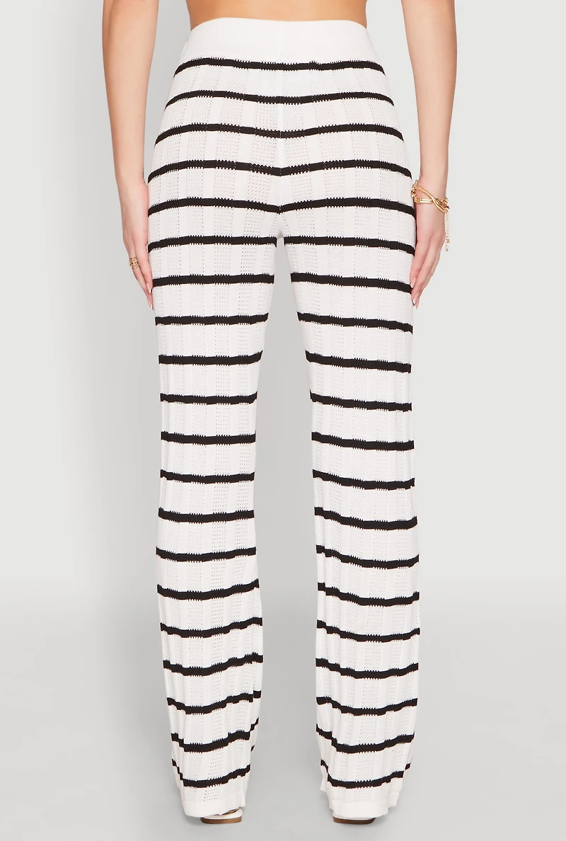 Womens High Waisted Striped Crochet Pants, White, Size XL