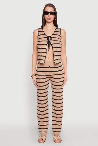 Womens High Waisted Striped Crochet Pants, Khaki,