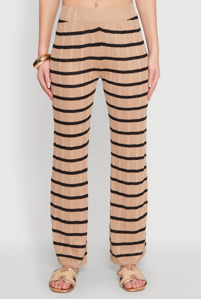 Womens High Waisted Striped Crochet Pants, Khaki, Size S