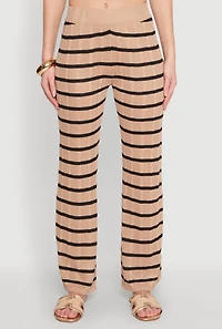 Womens High Waisted Striped Crochet Pants, Khaki, Size S