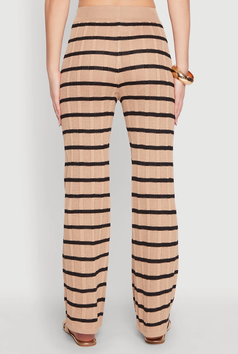 Womens High Waisted Striped Crochet Pants, Khaki, Size S