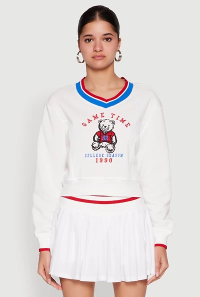 Womens V Neck Graphic Varsity Sweatshirt, White, Size S