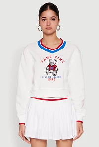 Womens V Neck Graphic Varsity Sweatshirt, White, Size S