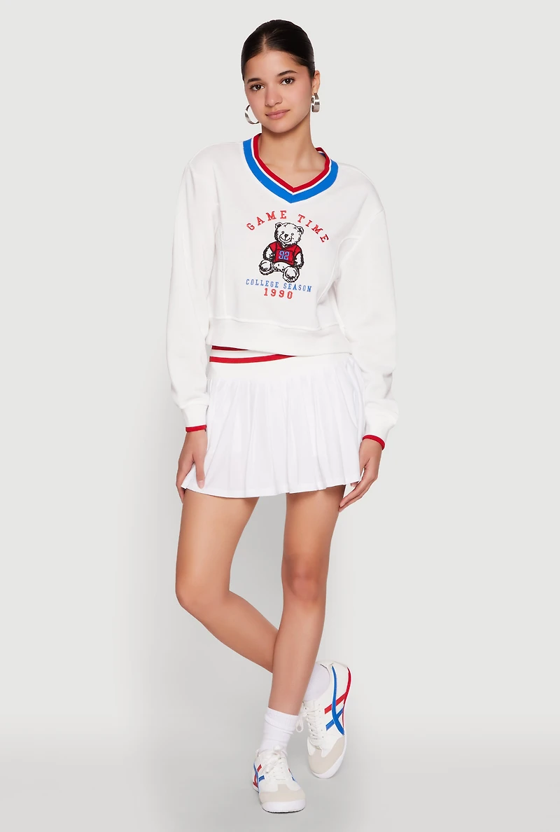 Womens V Neck Graphic Varsity Sweatshirt, White,