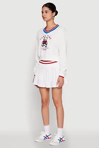 Womens V Neck Graphic Varsity Sweatshirt, White, Size S