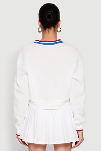 Womens V Neck Graphic Varsity Sweatshirt, White, Size S