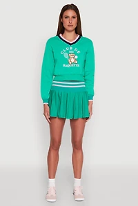 Womens V Neck Graphic Varsity Sweatshirt, Green, Size XL