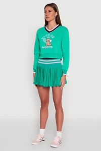 Womens V Neck Graphic Varsity Sweatshirt, Green, Size XL