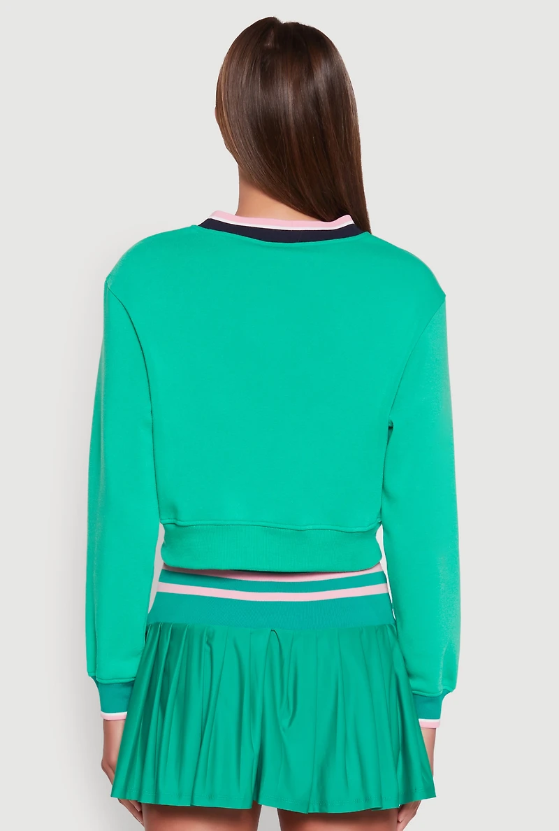 Womens V Neck Graphic Varsity Sweatshirt, Green, Size XL