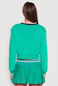 Womens V Neck Graphic Varsity Sweatshirt, Green, Size XL