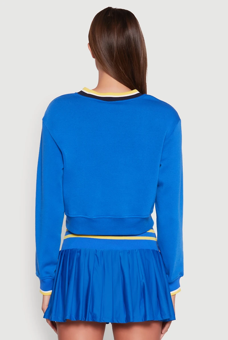 Womens V Neck Graphic Varsity Sweatshirt, Blue, Size S