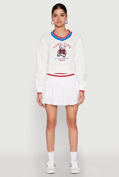 Womens Varsity Stripe Waistband Tennis Skirt, White,