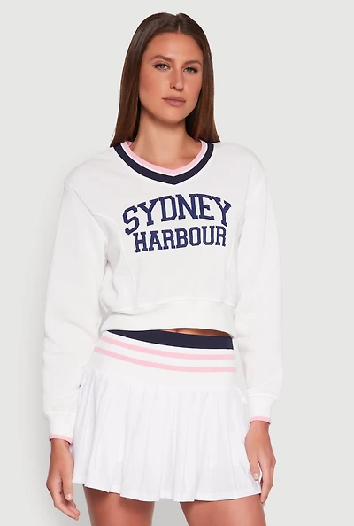 Womens Graphic V Neck Varsity Sweatshirt, White, Size S